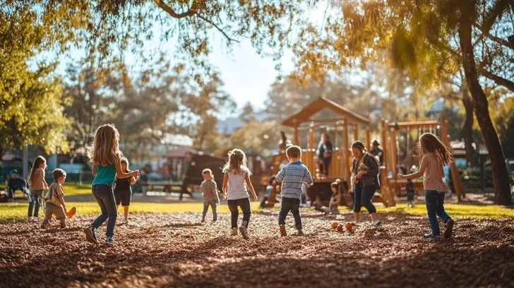 Children running and playing together at an outdoor playground